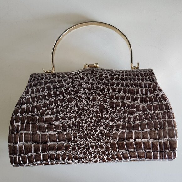 Croc embossed light brown/gold frame snap closure bag - Picture 2 of 11